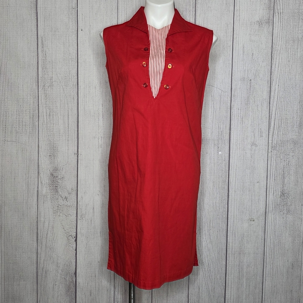Vintage 60s Red Nautical Mod Dress Removable Stripe Bib Sailor Wiggle, Sz Medium